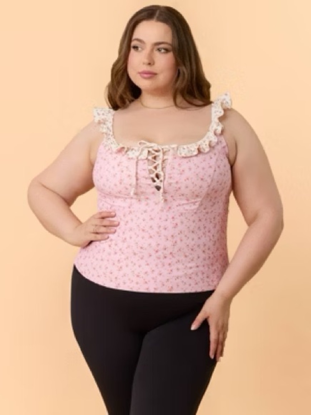 NWT Blogilates Pink Floral Print Ruffle Lace-Up Tank Top size Large